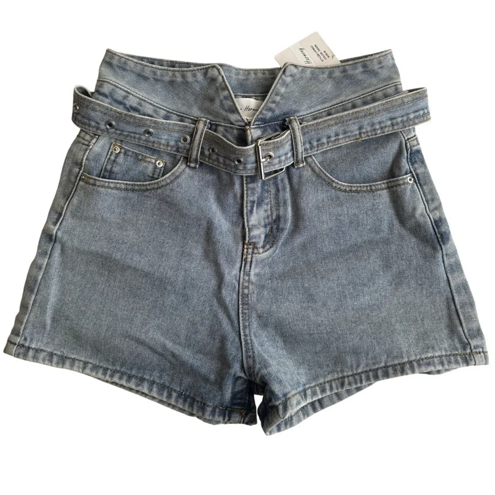 NWT Love + Harmony Women's Blue Belted High Rise Baggy Denim Shorts Size M